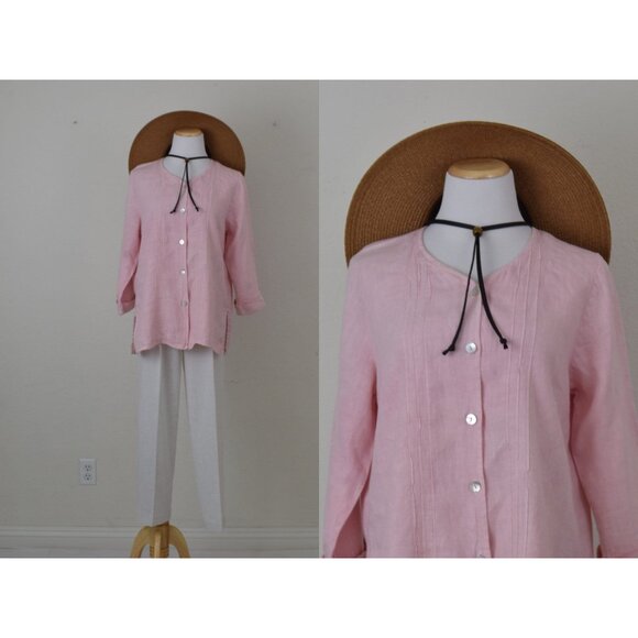 Vintage 90s Pink Linen Pink Tunic Blouse | size M - Picture 1 of 10